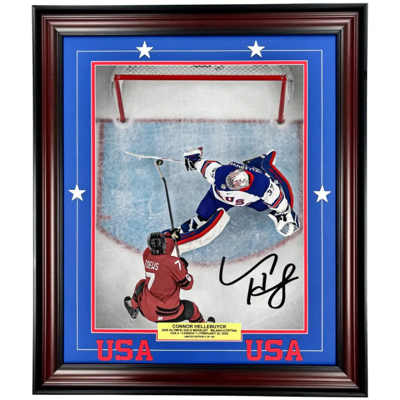 Connor Hellebuyck Signed 2026 Team USA Olympics Save 16x20 Photo Framed #D/126