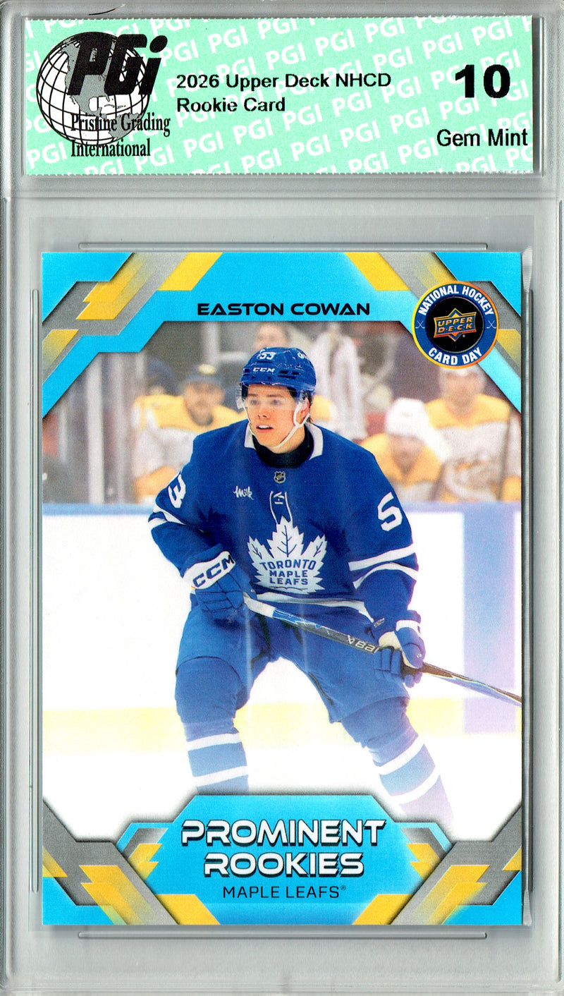 Easton Cowan Rookie Card 2026 Upper Deck #NHCD-9 National Hockey Card Day, PGI 10, Toronto Maple Leafs Hockey