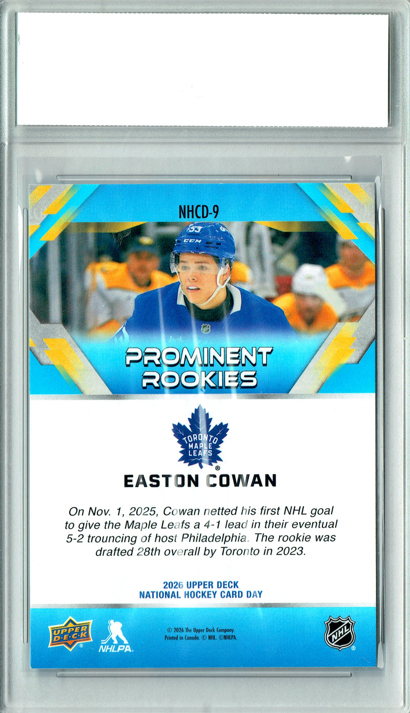 Easton Cowan Rookie Card 2026 Upper Deck #NHCD-9 National Hockey Card Day, PGI 10, Toronto Maple Leafs Hockey