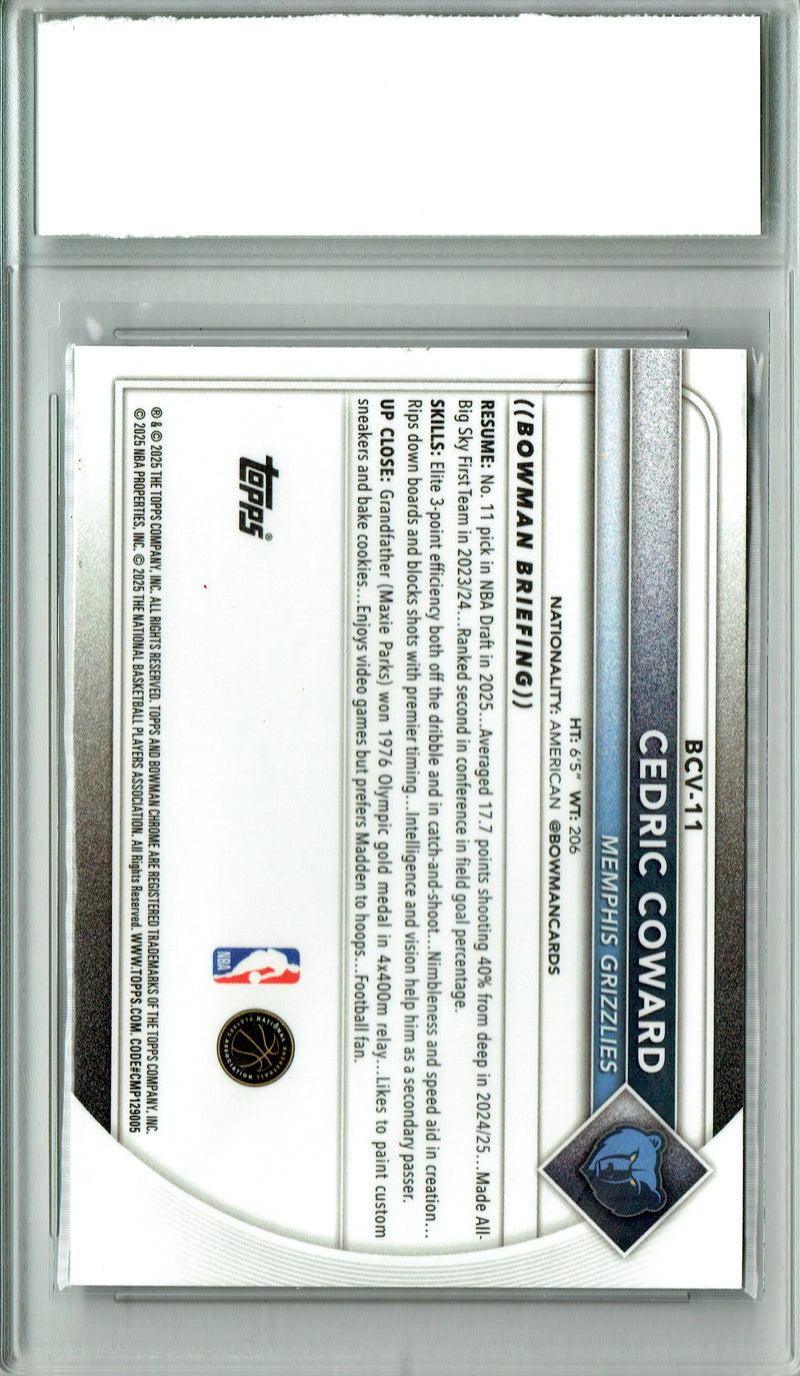Cedric Coward Rookie Card 2025 Bowman Chrome #BCV-11 Reptilian Refractor, PGI 10, Memphis Grizzlies Basketball