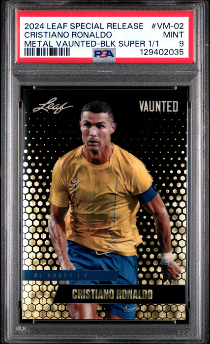 PSA 9 Cristiano Ronaldo 2024 Leaf Vaunted Metal #VM-02 Black Superprismatic 1/1 Rare Trading Card
