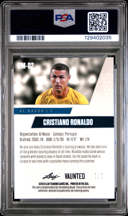 PSA 9 Cristiano Ronaldo 2024 Leaf Vaunted Metal #VM-02 Black Superprismatic 1/1 Rare Trading Card