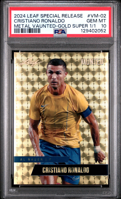 PSA 10 Cristiano Ronaldo 2024 Leaf Vaunted Metal #VM-02 Gold Superprismatic 1/1 Rare Trading Card
