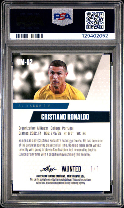 PSA 10 Cristiano Ronaldo 2024 Leaf Vaunted Metal #VM-02 Gold Superprismatic 1/1 Rare Trading Card