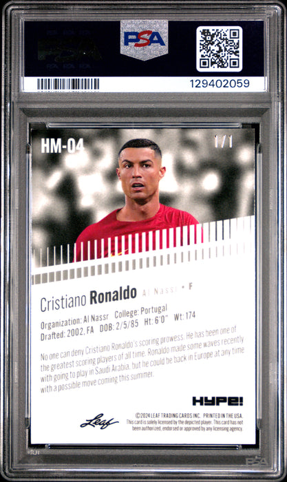 PSA 9 Cristiano Ronaldo 2024 Leaf HYPE! Metal #HM-04 Black Superprismatic 1/1 Rare Trading Card