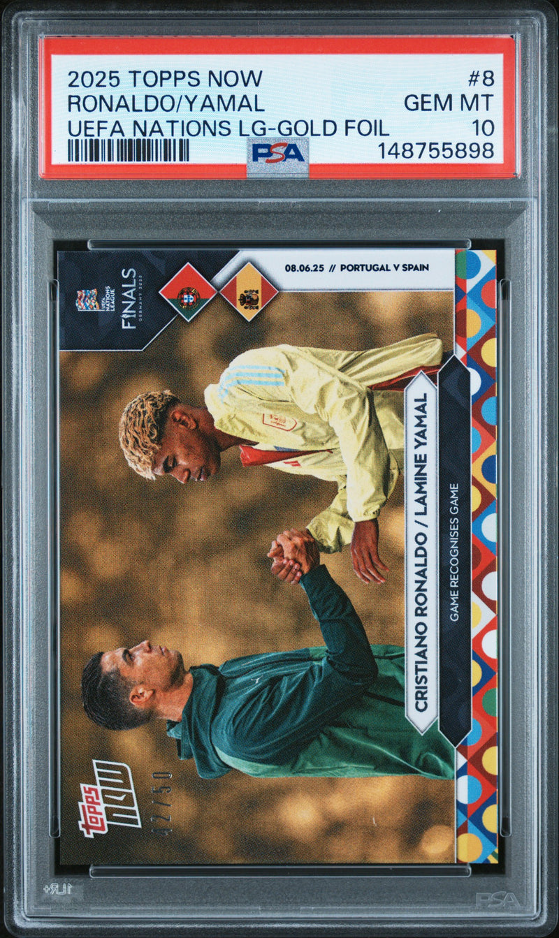 PSA 10 Cristiano Ronaldo & Lamine Yamal 2025 Topps Now #8 Gold Foil #42/50 Rare Trading Card Barcelona