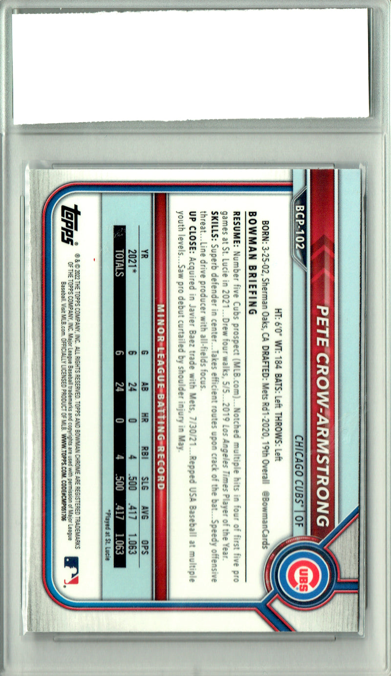 Pete Crow-Armstrong Rookie Card 2022 Bowman Chrome #BCP-102, PGI 10, Chicago Cubs Baseball