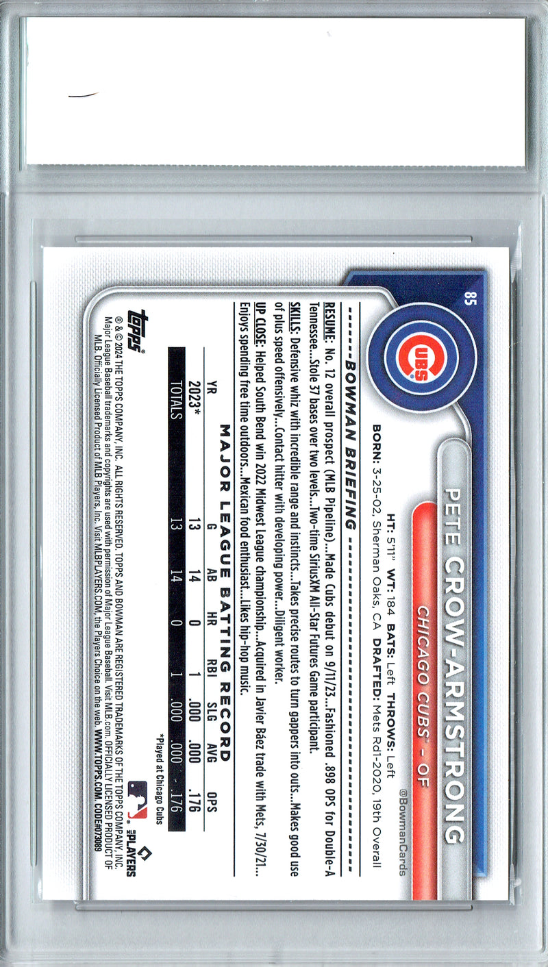 Pete Crow-Armstrong Rookie Card 2024 Bowman #85 PRISTINE, PGI 10, Chicago Cubs Baseball