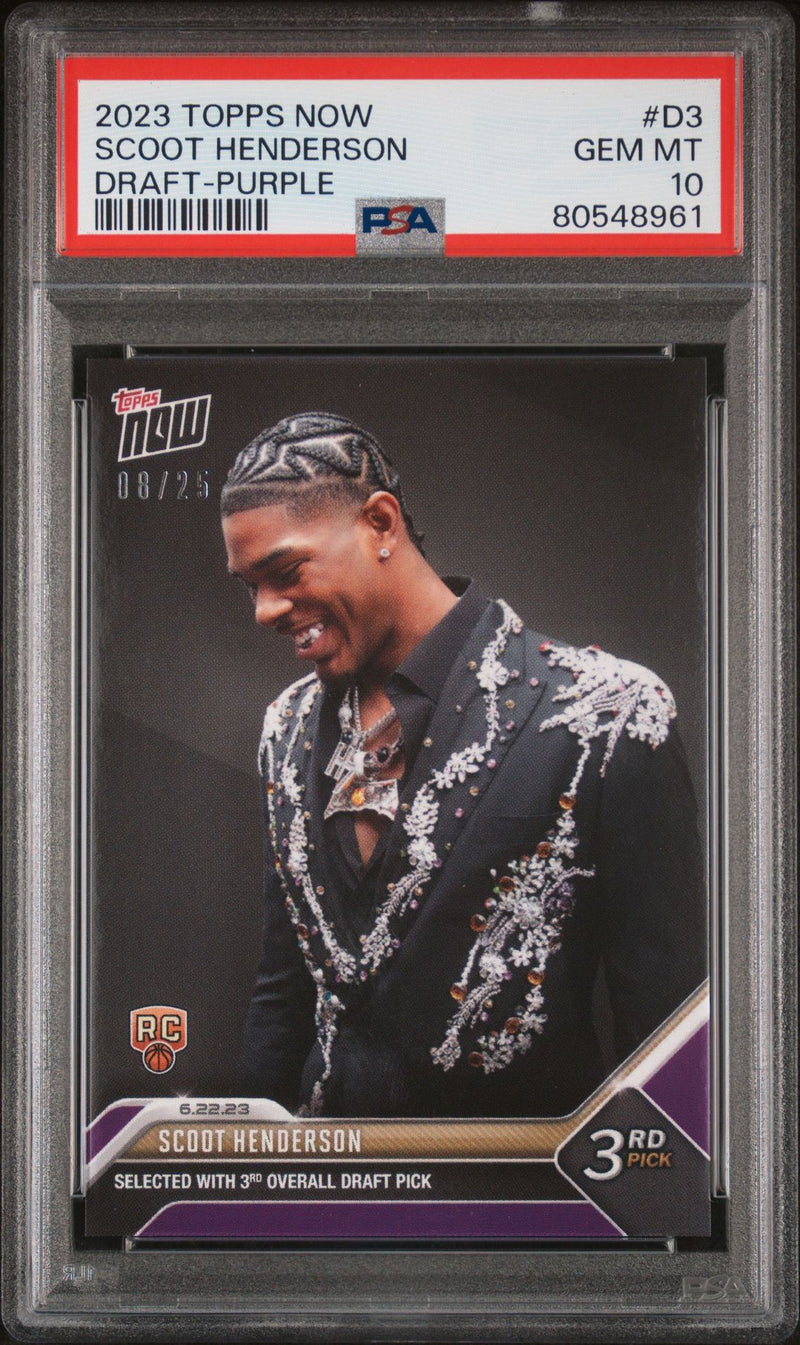 PSA 10 Scoot Henderson 2023 Topps Now #D3 NBA Draft Purple #8/25 Rookie Card