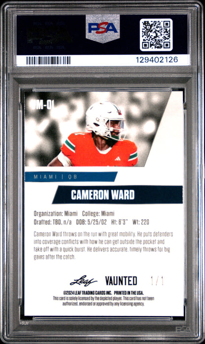 PSA 9 Cam Ward 2024 Leaf Vaunted Metal #VM-01 Neon 1/1 Rookie Card