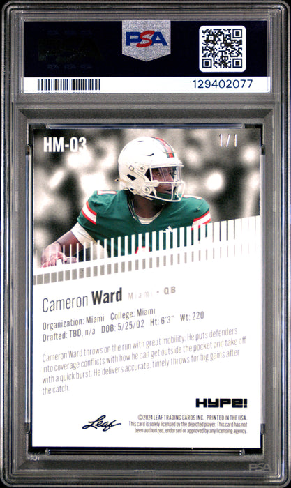 PSA 9 Cam Ward 2024 Leaf HYPE! Metal #HM-03 Gold Superprismatic 1/1 Rookie Card