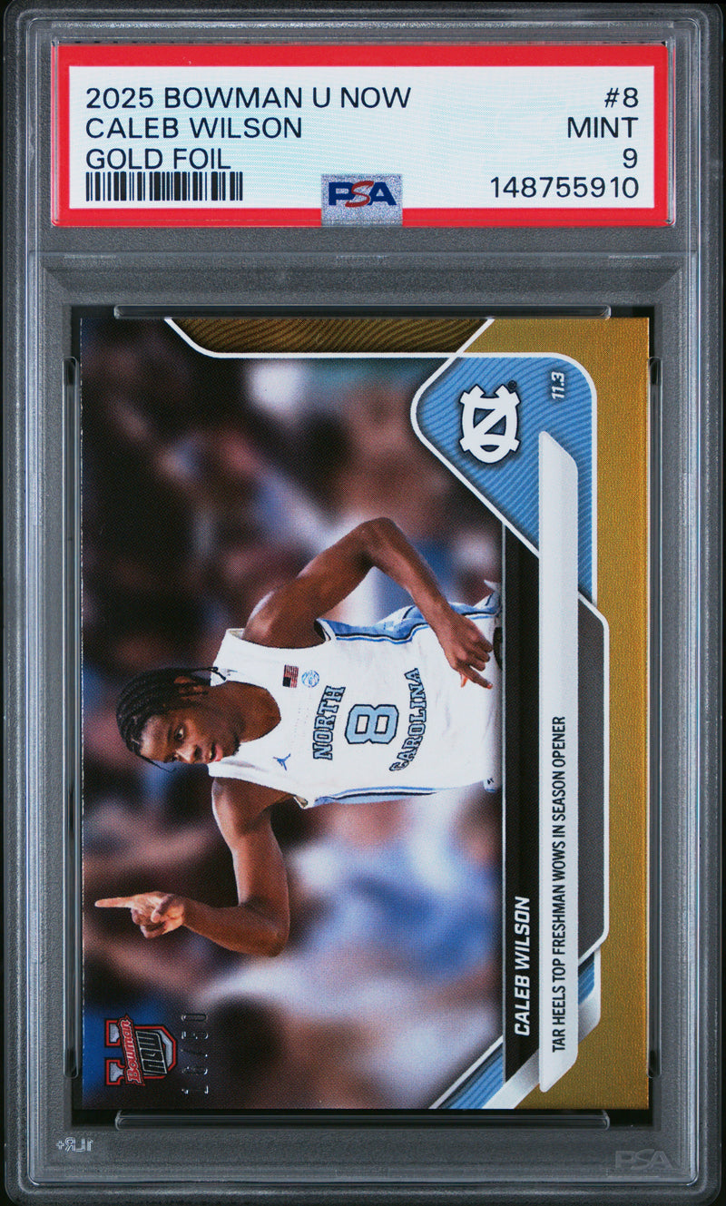 PSA 9 Caleb Wilson 2025 Bowman University Now #8 Gold Foil 50 Made Rookie Card North Carolina