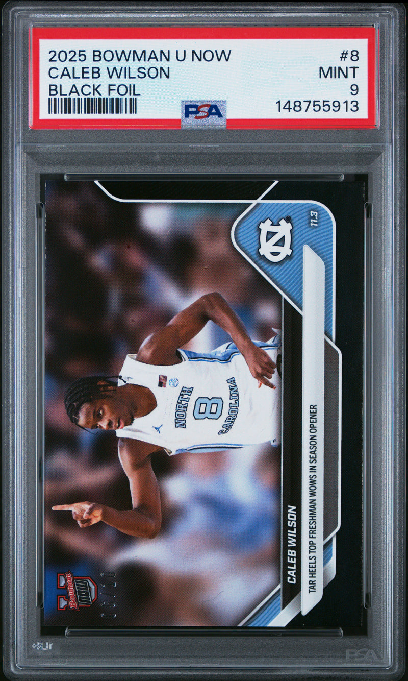 PSA 9 Caleb Wilson 2025 Bowman University Now #8 Black Foil #6/20 Rookie Card North Carolina