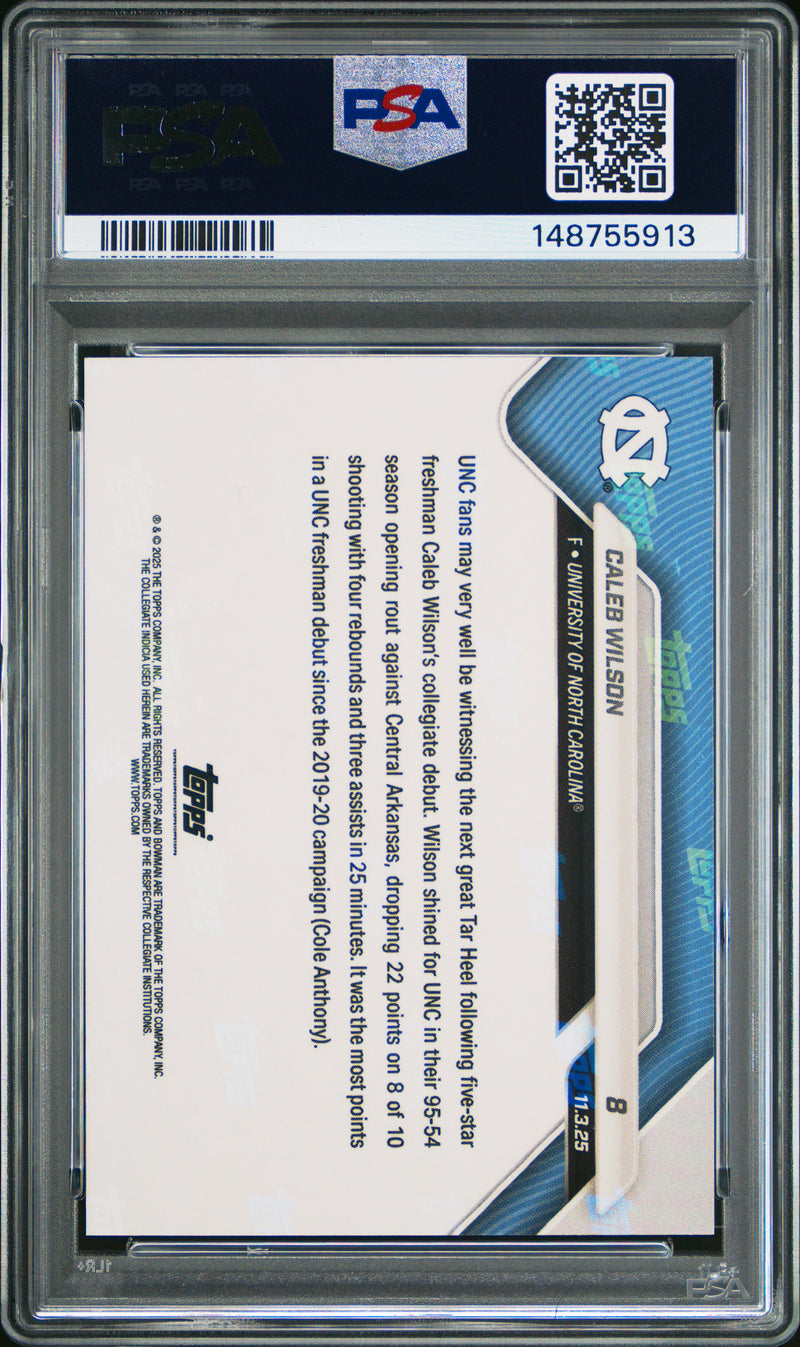 PSA 9 Caleb Wilson 2025 Bowman University Now #8 Black Foil #6/20 Rookie Card North Carolina