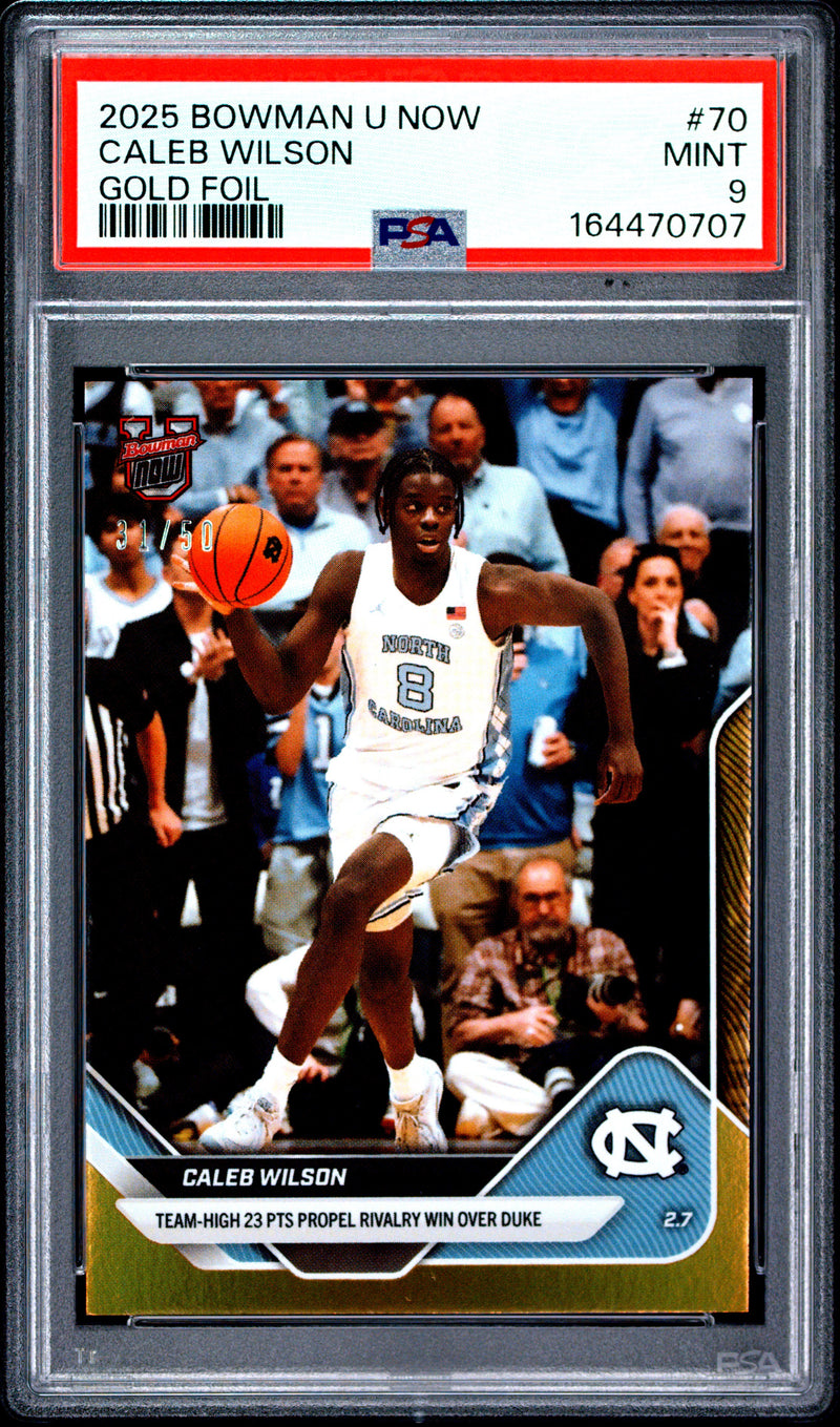 Caleb Wilson Rookie Card 2025 Bowman University Now #70 Gold Foil #31/50, PSA 9, North Carolina 0