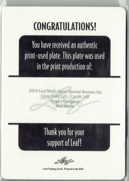Mint Nick Kurtz 2024 Leaf HYPE! #149 Cyan 1/1 Printing Plate Rookie Card