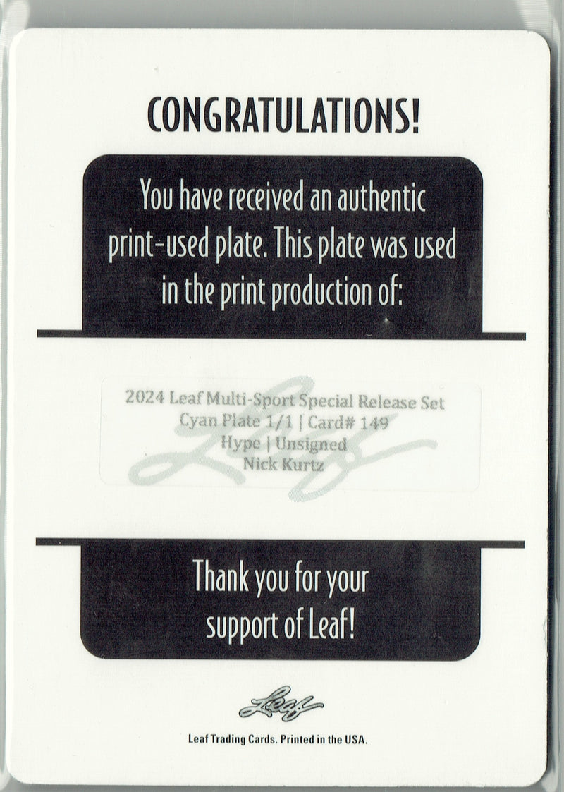 Mint Nick Kurtz 2024 Leaf HYPE! #149 Cyan 1/1 Printing Plate Rookie Card
