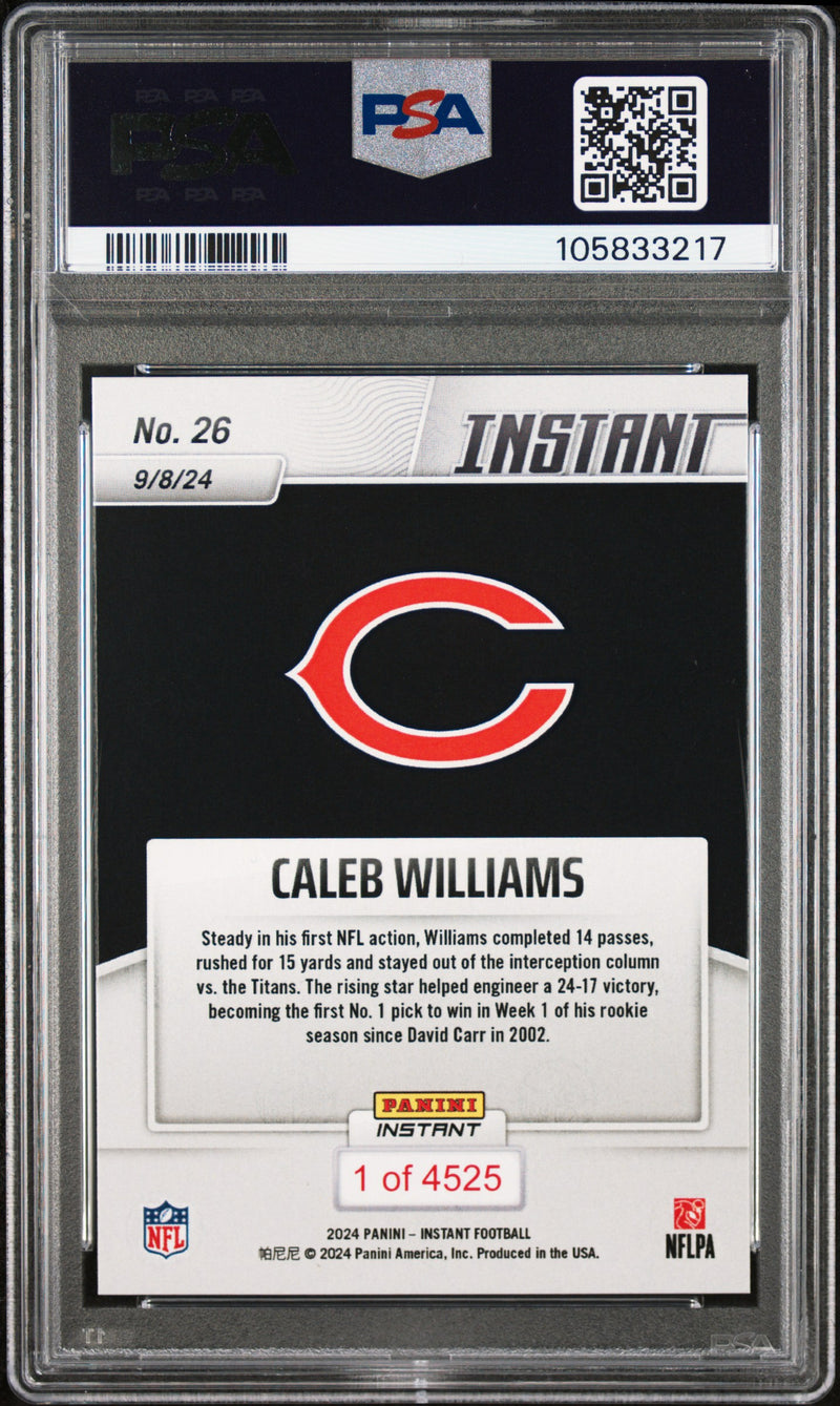 PSA 10 Caleb Williams 2024 Panini Instant #26 Victory in Debut Rookie Card Chicago Bears