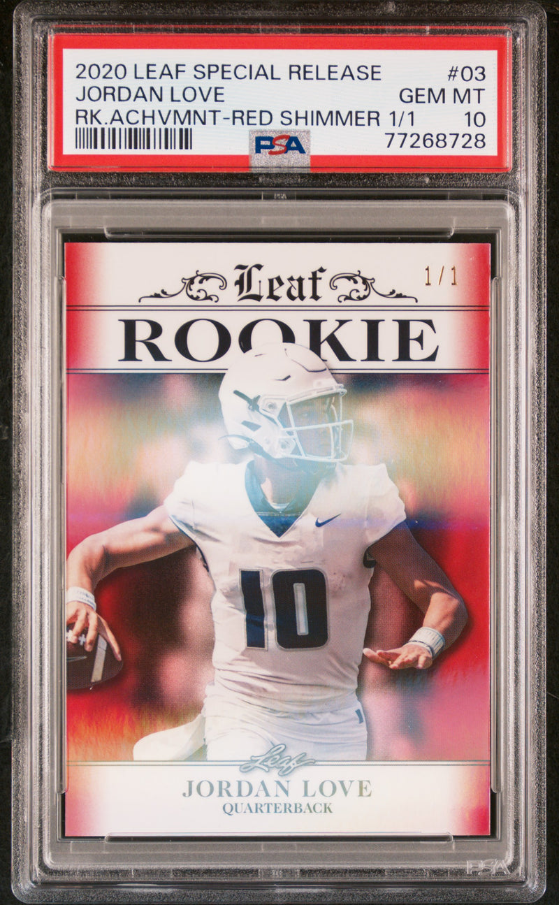 Jordan Love Rookie Card Green Bay PSA GEM-MT 10 (Gem Mint) Football Trading Card 2020 Leaf Exclusive #2 Red Shimmer 1/1