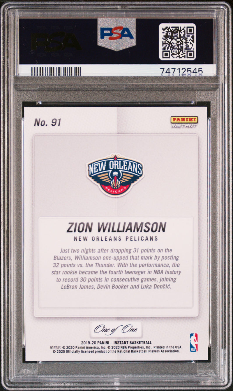 PSA 10 GEM-MT Zion Williamson 2019 Panini Instant #91 Rookie Card Black 1/1 Career Best
