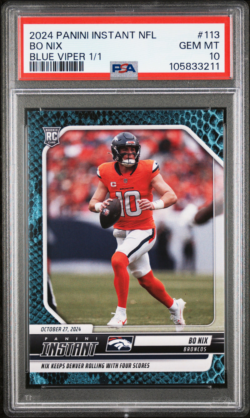 PSA 10 Bo Nix 2024 Panini Instant #113 Blue Viper One of One, 1/1 Rookie Card