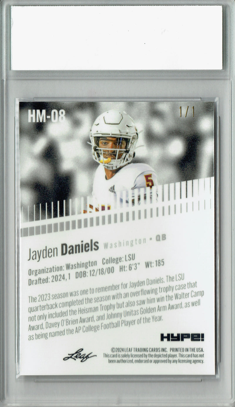 Jayden Daniels Rookie Card 2024 Leaf HYPE! #HM-08 Metal 1/1 Neon, PGI 10, Washington Commanders Football