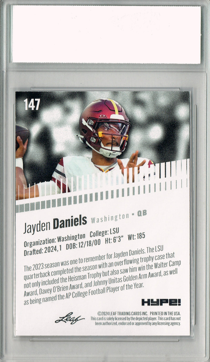 Jayden Daniels Rookie Card Washington PGI 10 Gem Mint Football Trading Card 2024 Leaf HYPE! #147 Masterpiece 1 of 1