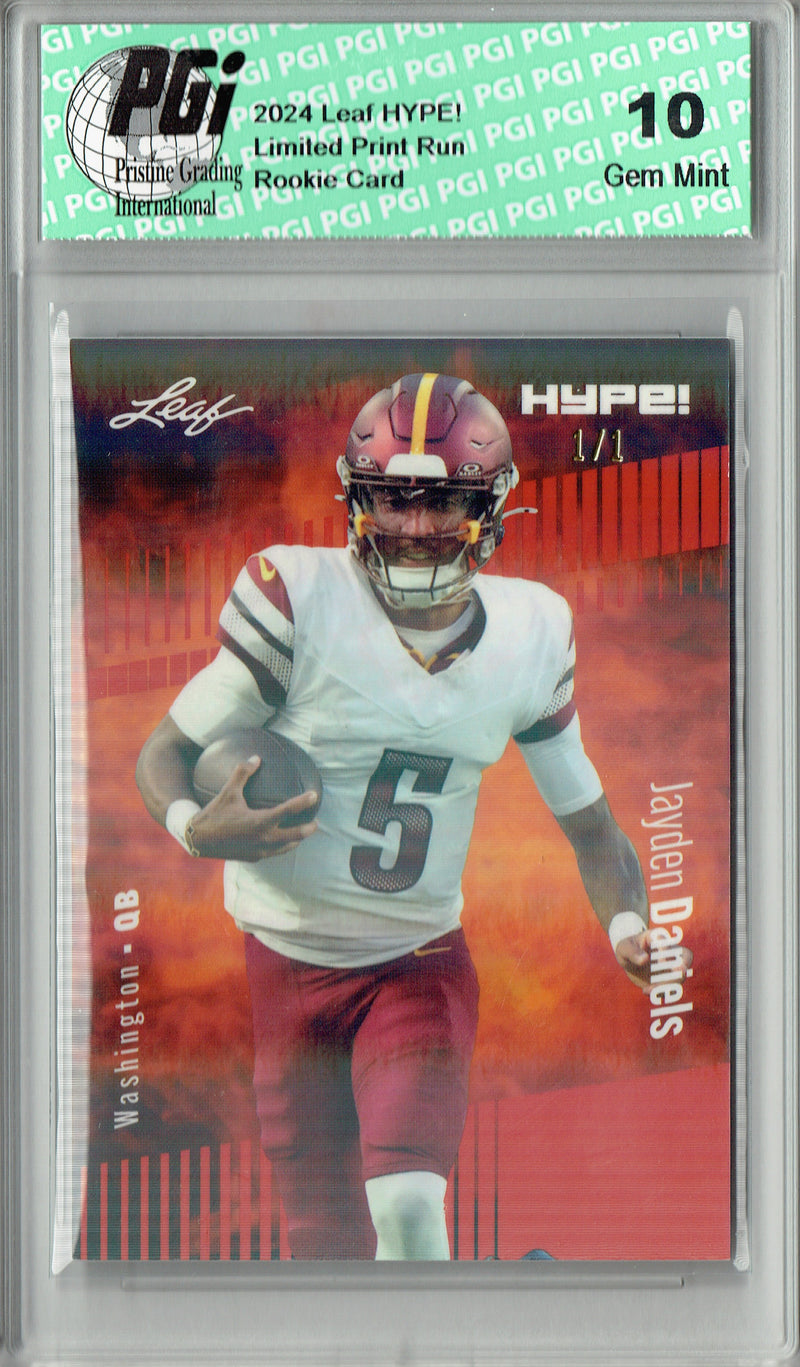 Jayden Daniels Rookie Card Washington PGI 10 Gem Mint Football Trading Card 2024 Leaf HYPE! #147 Orange Shimmer 1/1