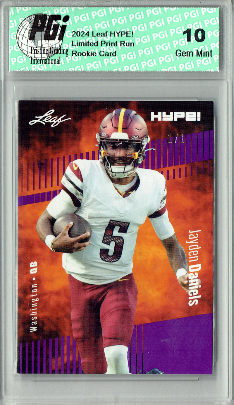 Jayden Daniels Rookie Card Washington PGI 10 Gem Mint Football Trading Card 2024 Leaf HYPE! #147 Purple Blank Back 1/1