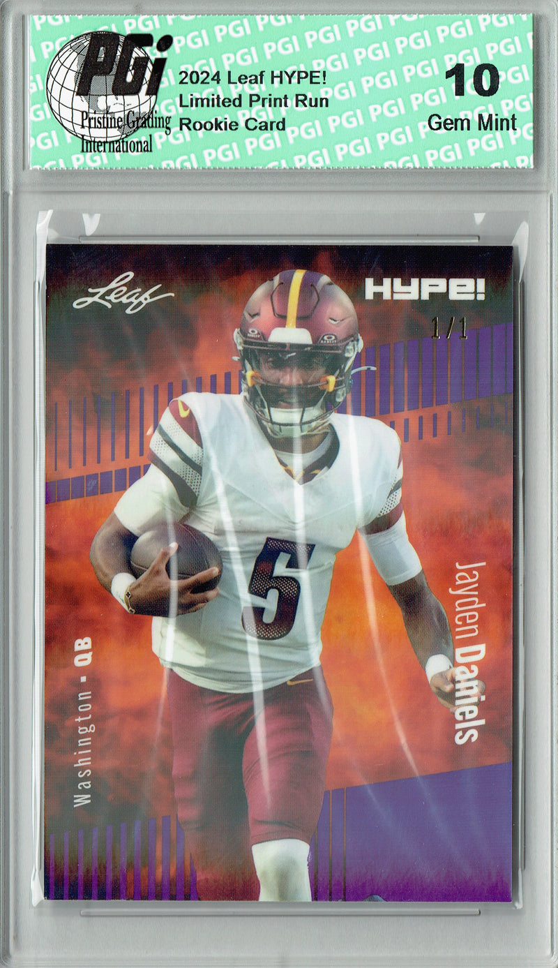Jayden Daniels Rookie Card Washington PGI 10 Gem Mint Football Trading Card 2024 Leaf HYPE! #147 Purple Shimmer 1/1