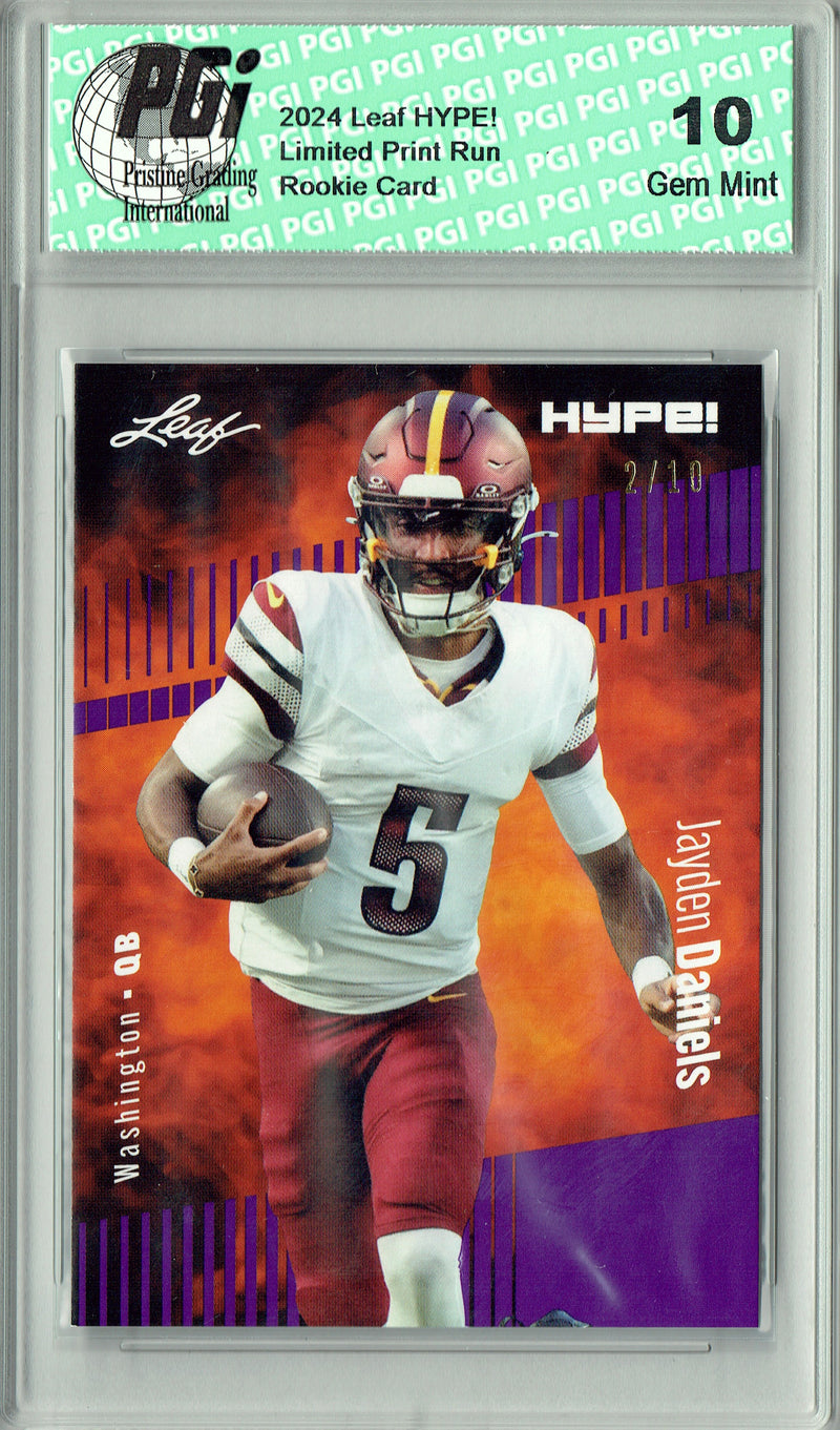 Jayden Daniels Rookie Card Washington PGI 10 Gem Mint Football Trading Card 2024 Leaf HYPE! #147 Purple SP 10 Made