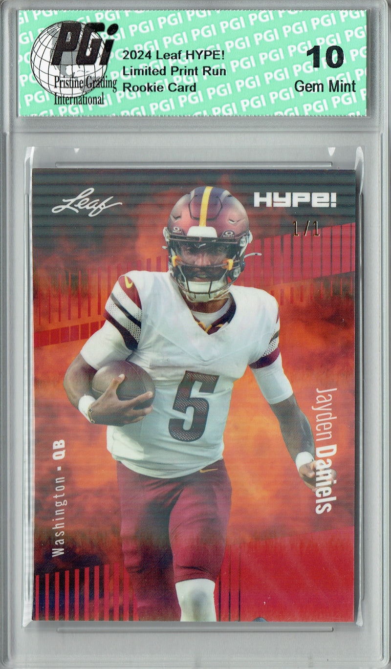 Jayden Daniels Rookie Card Washington PGI 10 Gem Mint Football Trading Card 2024 Leaf HYPE! #147 Red Shimmer 1/1