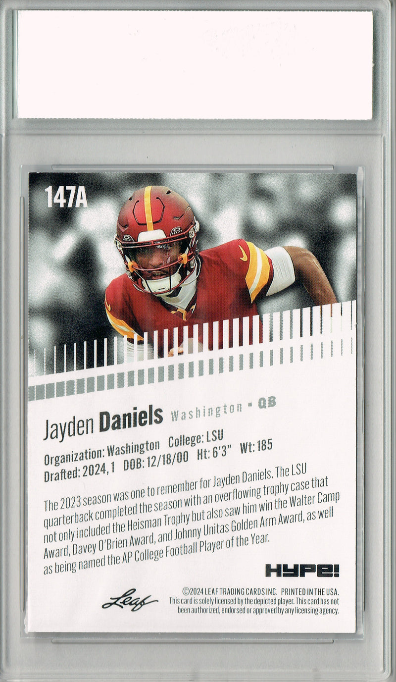 Jayden Daniels Rookie Card Washington PGI 10 Gem Mint Football Trading Card 2024 Leaf HYPE! #147A Orange Shimmer 1/1