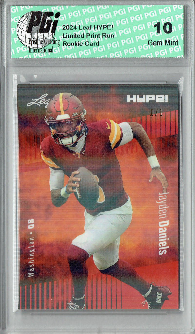 Jayden Daniels Rookie Card Washington PGI 10 Gem Mint Football Trading Card 2024 Leaf HYPE! #147A Orange Shimmer 1/1