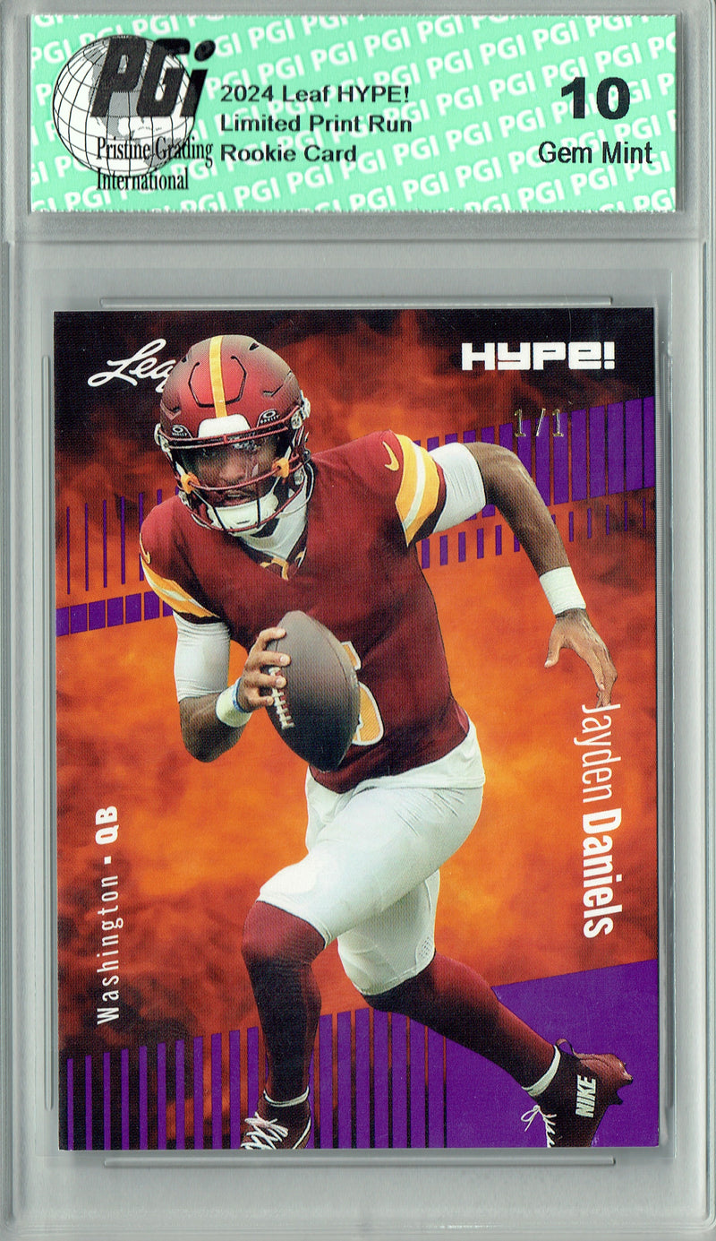 Jayden Daniels Rookie Card Washington PGI 10 Gem Mint Football Trading Card 2024 Leaf HYPE! #147A Purple Blank Back 1/1