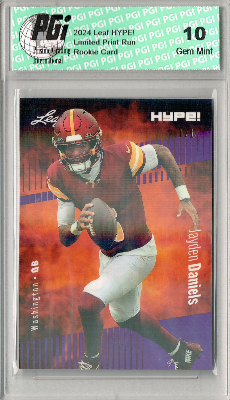 Jayden Daniels Rookie Card Washington PGI 10 Gem Mint Football Trading Card 2024 Leaf HYPE! #147A Purple Shimmer 1/1