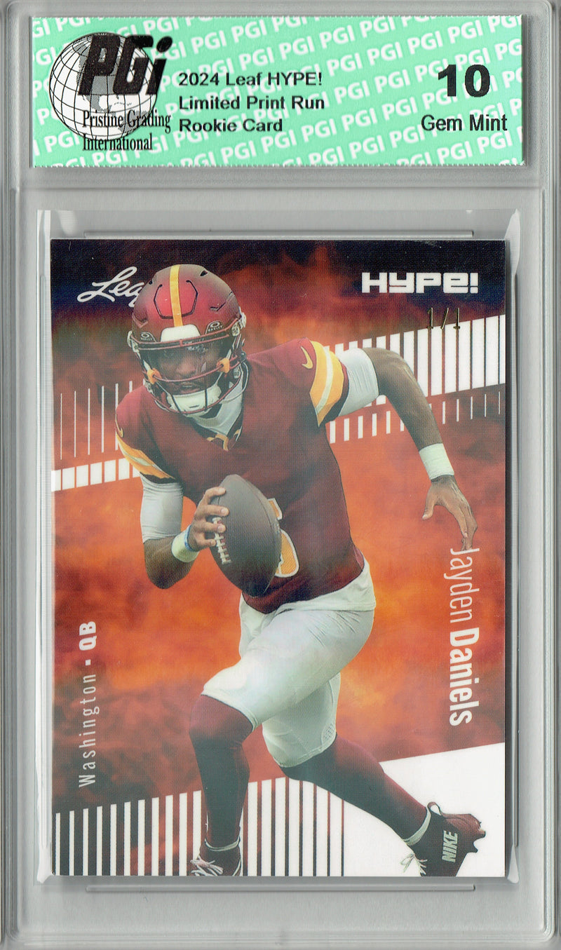 Jayden Daniels Rookie Card Washington PGI 10 Gem Mint Football Trading Card 2024 Leaf HYPE! #147A White Shimmer 1/1