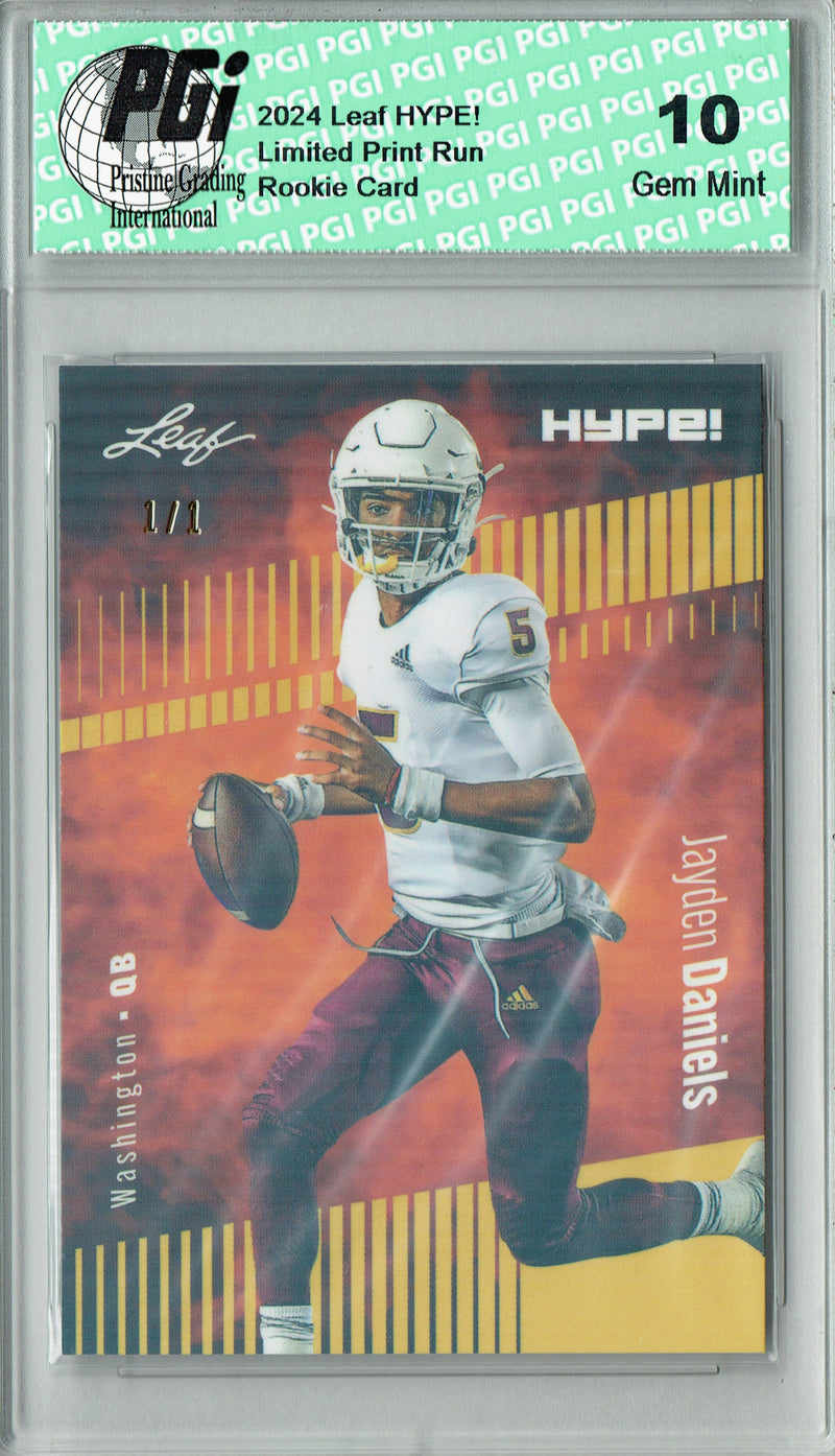 Jayden Daniels Rookie Card Washington PGI 10 Gem Mint Football Trading Card 2024 Leaf HYPE! #162 Gold Shimmer 1/1