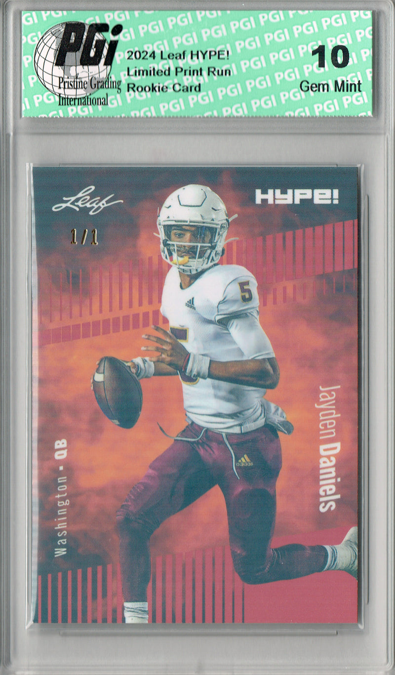 Jayden Daniels Rookie Card Washington PGI 10 Gem Mint Football Trading Card 2024 Leaf HYPE! #162 Orange Shimmer 1/1