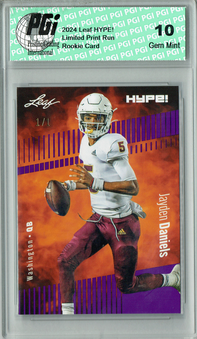 Jayden Daniels Rookie Card Washington PGI 10 Gem Mint Football Trading Card 2024 Leaf HYPE! #162 Purple Blank Back 1/1