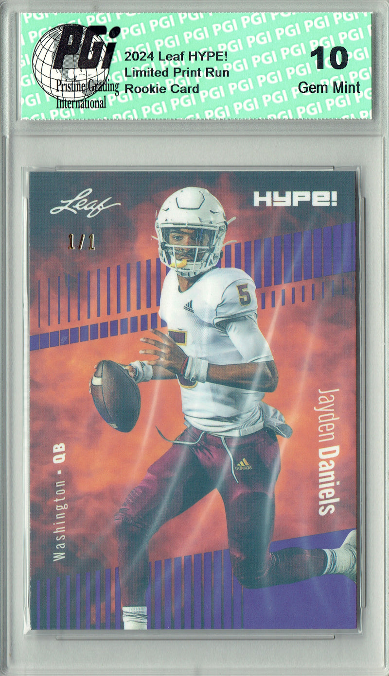 Jayden Daniels Rookie Card Washington PGI 10 Gem Mint Football Trading Card 2024 Leaf HYPE! #162 Purple Shimmer 1/1