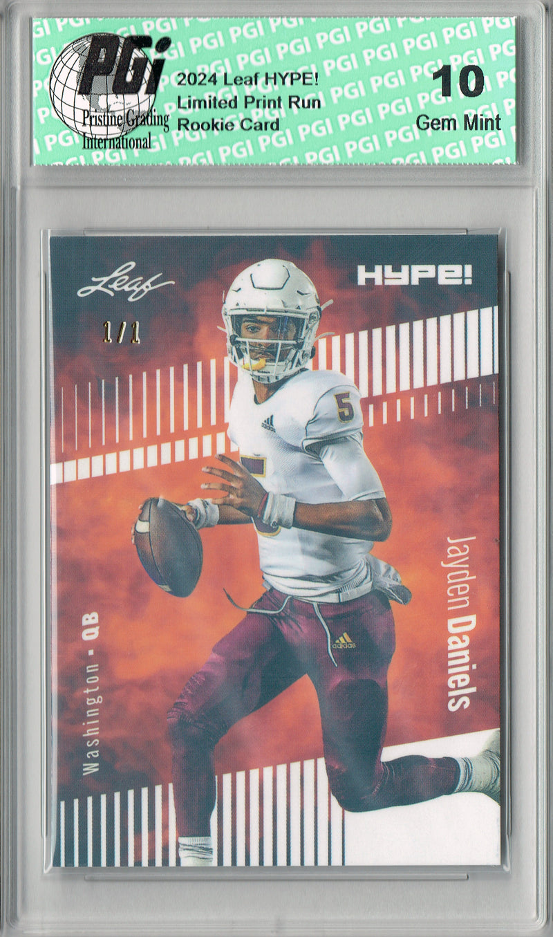 Jayden Daniels Rookie Card Washington PGI 10 Gem Mint Football Trading Card 2024 Leaf HYPE! #162 White Shimmer 1/1
