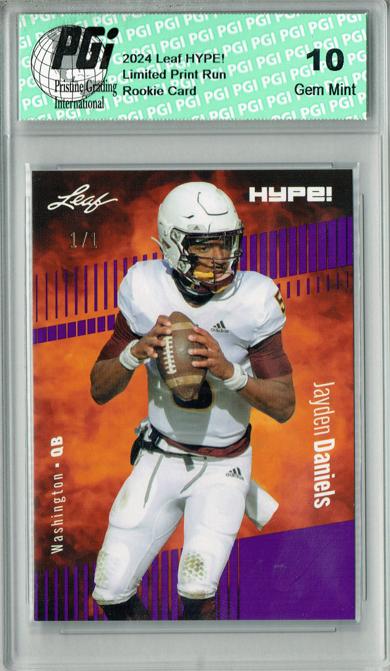 Jayden Daniels Rookie Card Washington PGI 10 Gem Mint Football Trading Card 2024 Leaf HYPE! #162A Purple Blank Back 1/1