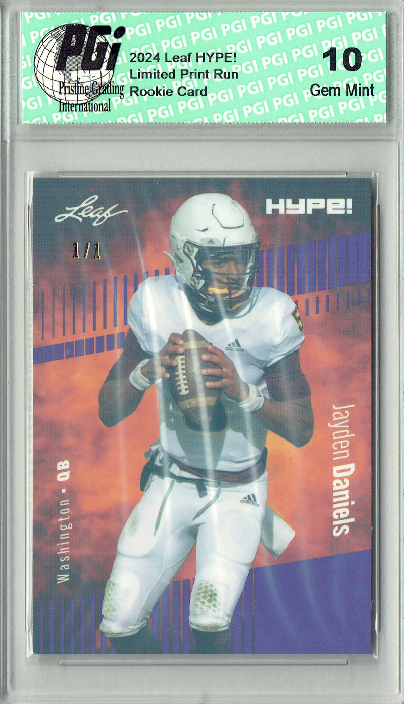 Jayden Daniels Rookie Card Washington PGI 10 Gem Mint Football Trading Card 2024 Leaf HYPE! #162A Purple Shimmer 1/1