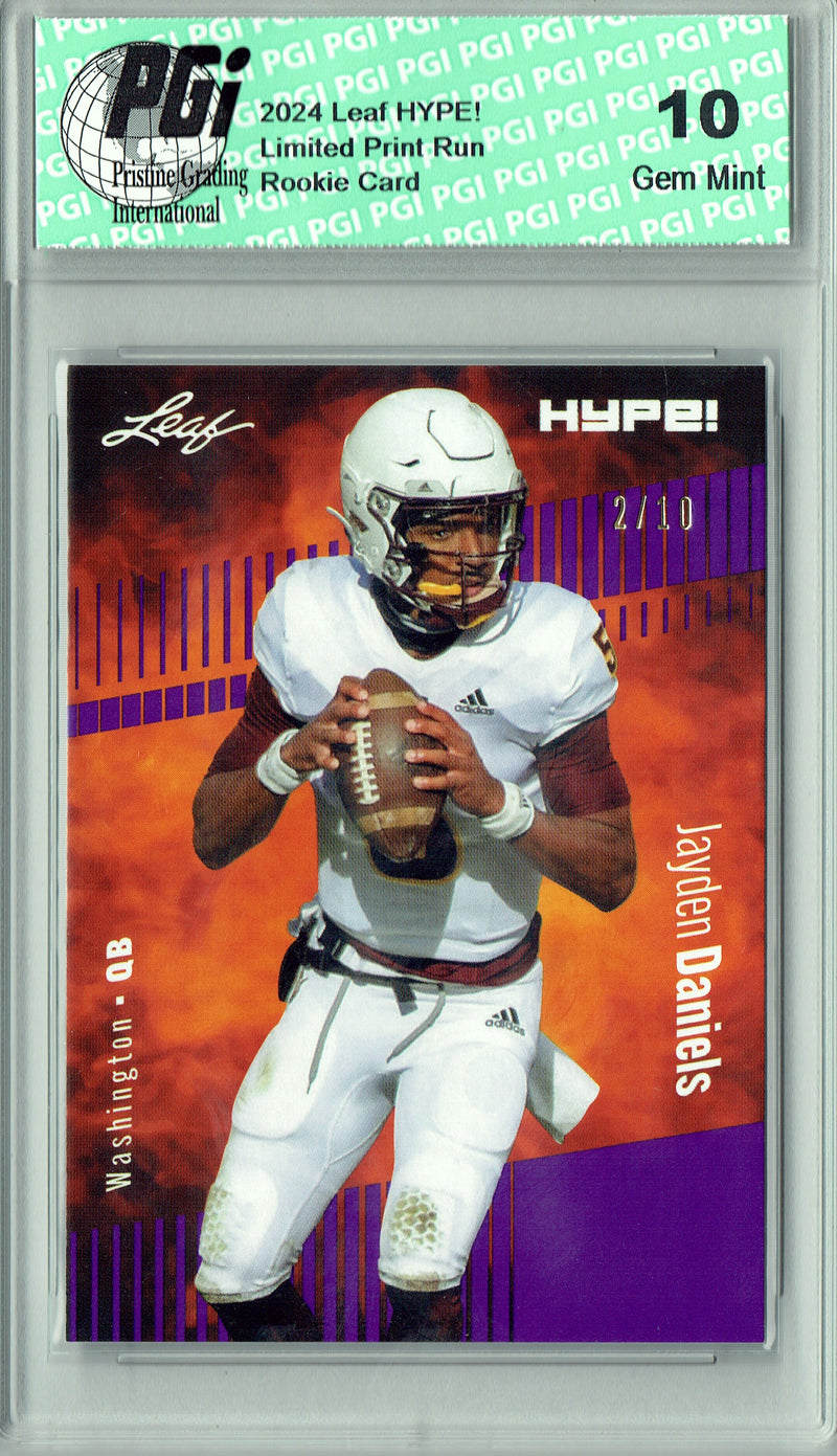 Jayden Daniels Rookie Card Washington PGI 10 Gem Mint Football Trading Card 2024 Leaf HYPE! #162A Purple SP 10 Made