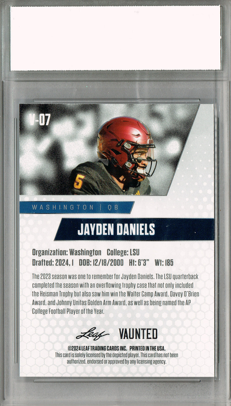 Jayden Daniels Rookie Card Washington PGI 10 Gem Mint Football Trading Card 2024 Leaf Vaunted #V-07 Orange Shimmer 1/1