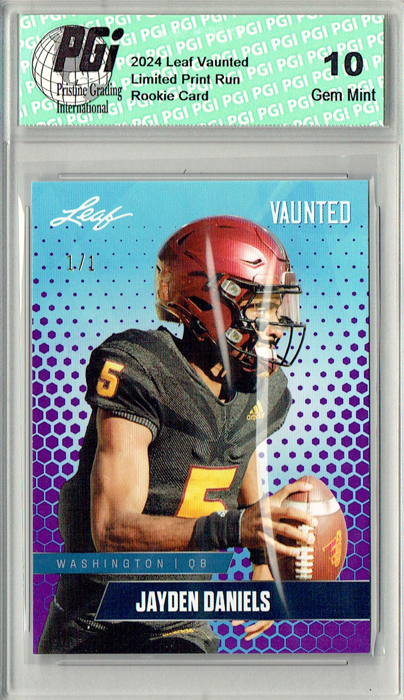 Jayden Daniels Rookie Card Washington PGI 10 Gem Mint Football Trading Card 2024 Leaf Vaunted #V-07 Purple Blank Back 1/1