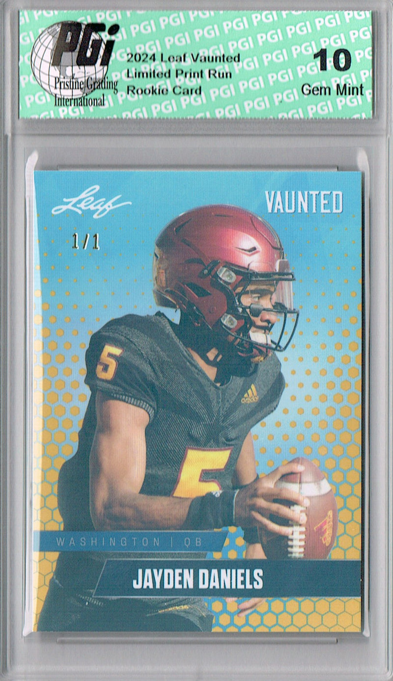 Jayden Daniels Rookie Card Washington PGI 10 Gem Mint Football Trading Card 2024 Leaf Vaunted #V-07 Gold Shimmer 1/1