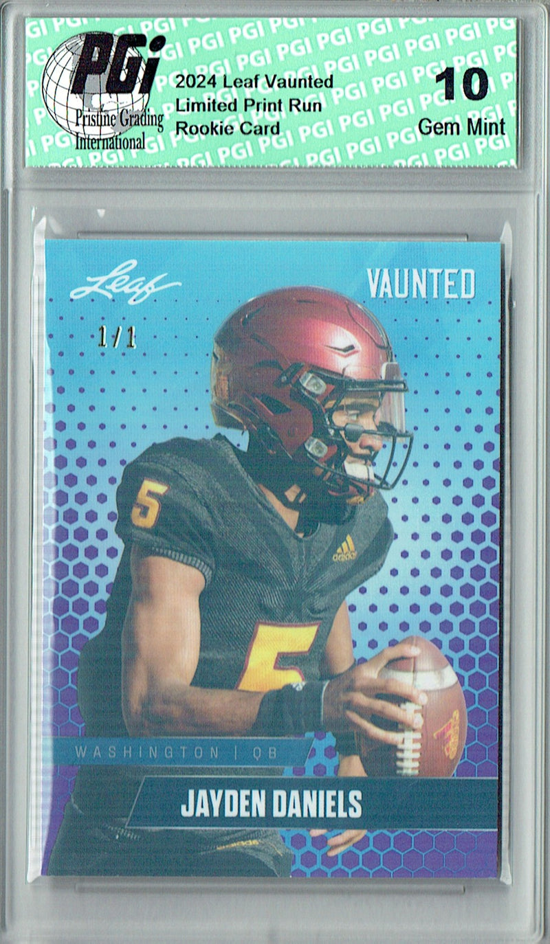 Jayden Daniels Rookie Card Washington PGI 10 Gem Mint Football Trading Card 2024 Leaf Vaunted #V-07 Purple Shimmer 1/1