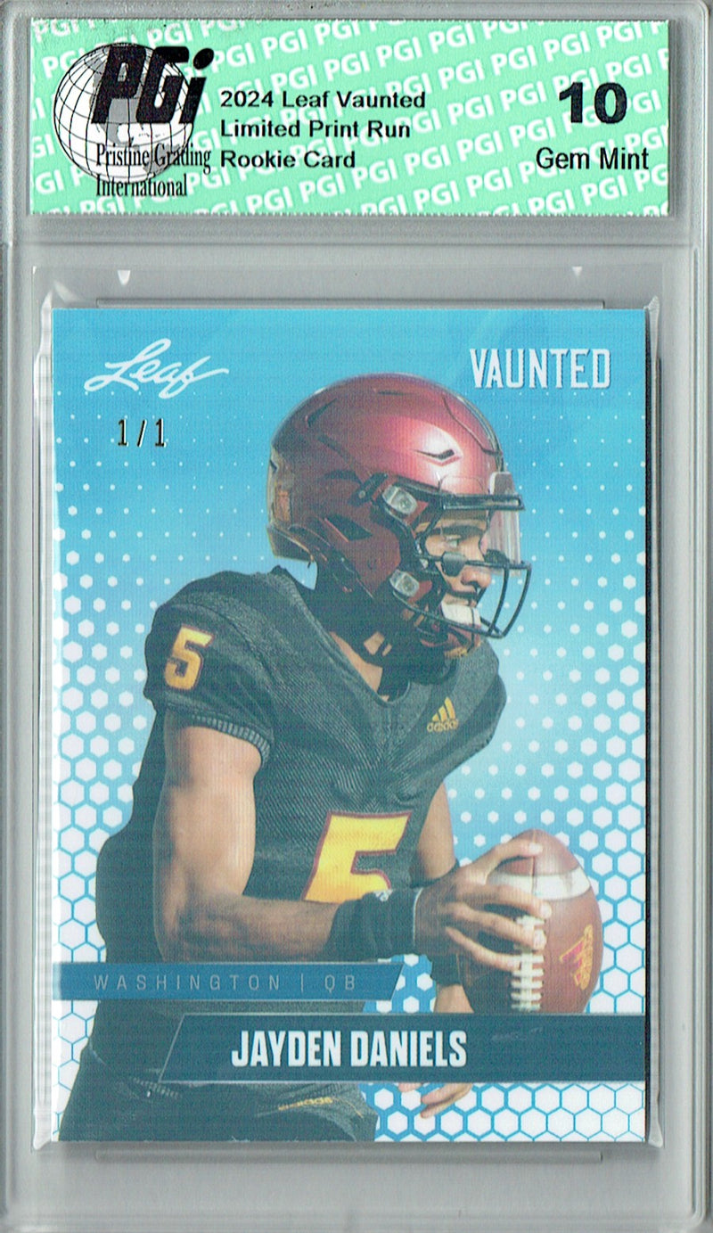 Jayden Daniels Rookie Card Washington PGI 10 Gem Mint Football Trading Card 2024 Leaf Vaunted #V-07 White Shimmer 1/1